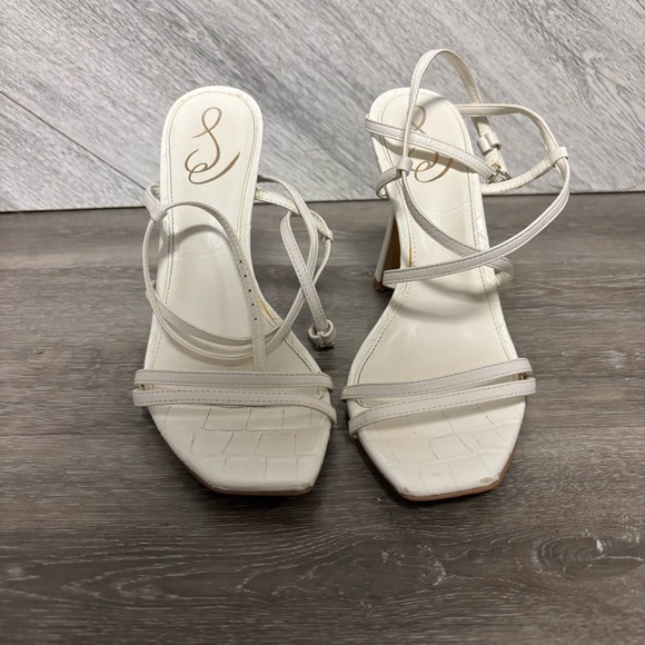 Sam Edelman | Lela Bright White Ankle Strap Squared Open Toe Heeled Sandals - Picture 6 of 12